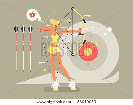 Female archer character. Woman archery with weapon, bullseye and aiming, vector illustration