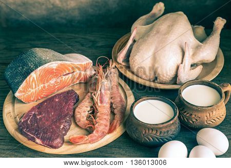 Protein Diet: Raw Products On The Wooden Background