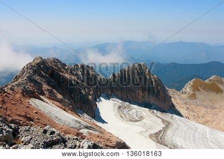 view from mount Fisht the Caucasus sky mountain glacier landscape.