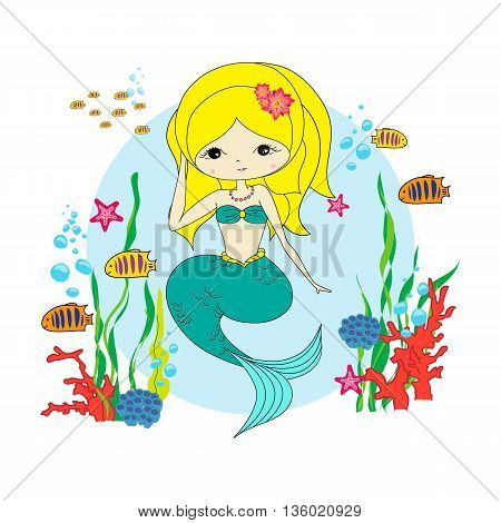 Cute mermaid with ocean inhabitants. Character design illustration. Print for children. Background for kids