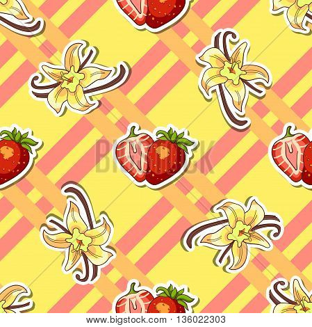 Seamless pattern made from hand drawn strawberries and vanilla on striped background. Vector illustration.