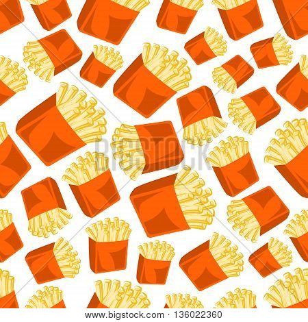Tasty and crispy french fries pattern with seamless cartoon illustration of deep fried potato vegetable slices in takeaway orange paper cups on white background. Fast food theme or kitchen interior design