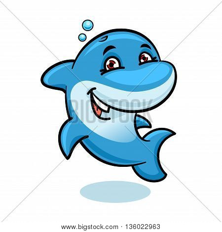 Cheerful cartoon bright blue atlantic bottlenose dolphin character showing tricks and playing in the water. Marine animals show or summer vacation symbol, sea life theme design