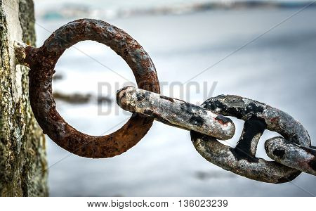 Old Rusty Anchor Iron Ship Chain In Sea Port.