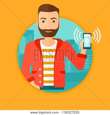 A hipster man holding ringing mobile phone on a city background. Young man answering a phone call. Man with ringing phone in hand. Vector flat design illustration in the circle isolated on background.