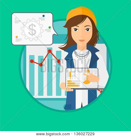 Business woman pointing at the charts on laptop screen. Business woman presenting report with a laptop on a background of graph. Vector flat design illustration in the circle isolated on background.