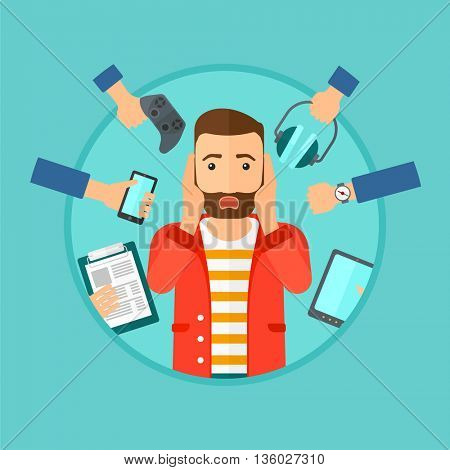 Man in despair and many hands with gadgets around him. Young man surrounded with gadgets. Man using many electronic gadgets. Vector flat design illustration in the circle isolated on background.