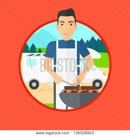 Young man cooking meat on barbecue on the background of camper van. Man travelling by camper van and having barbecue party. Vector flat design illustration in the circle isolated on background.
