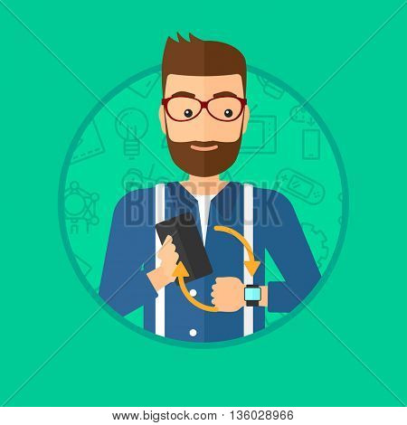 Hipster man with the beard holding a smartphone and looking at his smart watch. Synchronization between smartwatch and smartphone. Vector flat design illustration in the circle isolated on background.