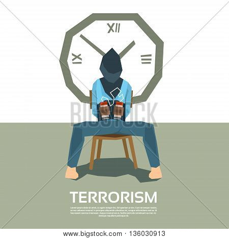 Terrorism Tied Hostage Blindfolded Sitting Chair With Bomb Clock Timer Vector Illustration