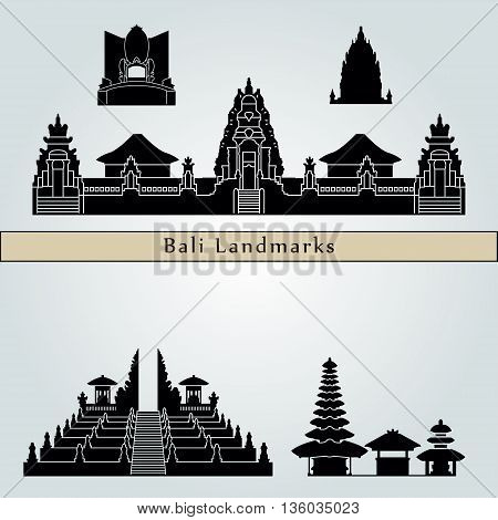 Bali landmarks and monuments isolated on blue background in editable vector file