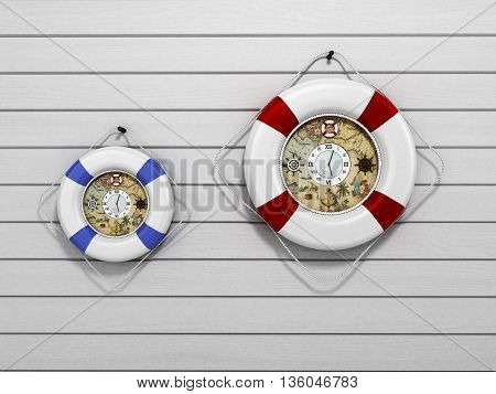 Lifebuoy Decor In The Form Of Clock 3C Render On A White Wooden Background
