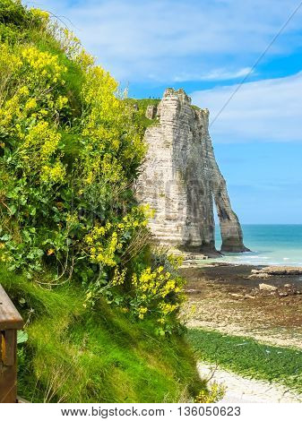 Cote d'Albatre or Alabaster Coast is part of the French coast of the English Channel. Famous cliff Porte d'Aval. Etretat, France,