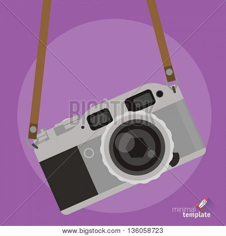 Photo camera flt design interface icon. Retro camera icon for interface, application and web design. Vintage photo camera with strap, flat design icon mock up for photo gallery, image collection.