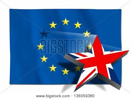 Brexit - Star with United Kingdom flag flying over the flag of the European Union. Illustration