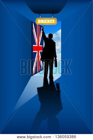Brexit - Silhouette of man in blue room by opening a door with the flag of the United Kingdom. Illustration