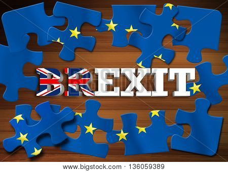 Brexit - Word breaking puzzle flag of the European Union on wooden background