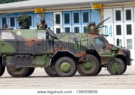 BURG / GERMANY - JUNE 25 2016: german military army convoy stands on open day in barrack burg / germany at june 25 2016