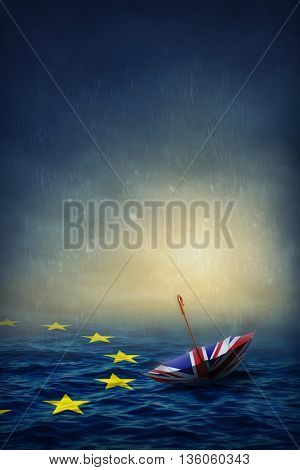 Umbrella with the flag of the United Kingdom and sea with the flag European Union.Brexit concept.
