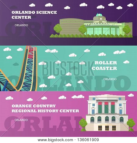 Orlando tourist landmark banners set. Vector illustration with American famous buildings. Roller coaster, history center. Travel to Florida concept.