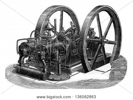 Charon engine with two cylinders, vintage engraved illustration. Industrial encyclopedia E.-O. Lami - 1875.