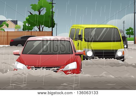 A vector illustration of car trying to drive against flood on the street