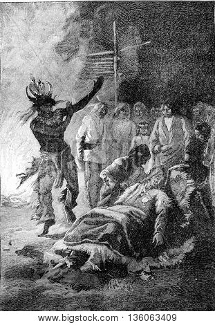 Witch doctor performing his ritual dance on the sick. From Jules Verne Cesar Cascabel, vintage engraving, 1890.
