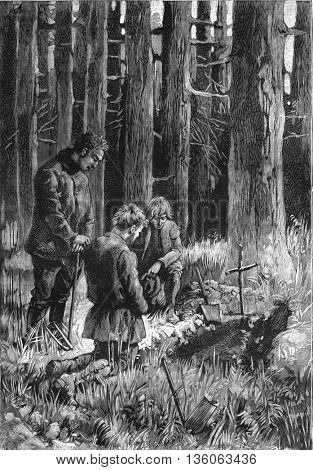 A burial in the forest. From Jules Verne Cesar Cascabel, vintage engraving, 1890.