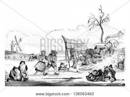 Dutch skaters of after Isaac Ostade, Museum of the Louvre, vintage engraved illustration. Magasin Pittoresque 1836.