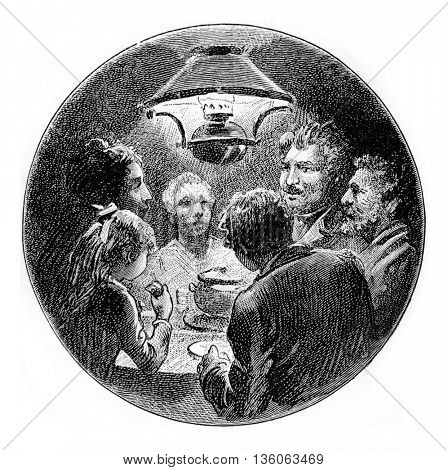 A family closely gathered together around a small table under a lamp. From Jules Verne Cesar Cascabel, vintage engraving, 1890.