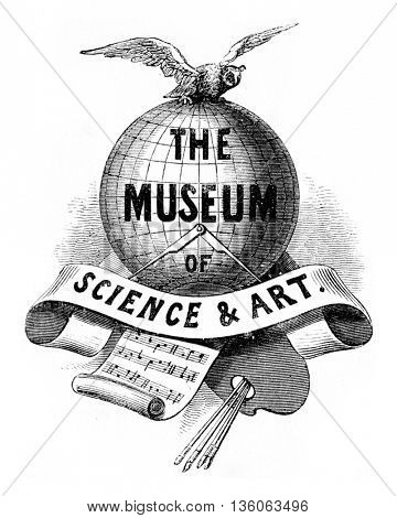 Title Page of the Book, The Museum of Science and Art. Edited by Dionysius Lardner. From Lardner Museum Book, vintage engraving, 1880.