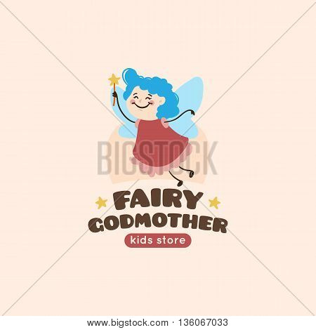 Vector cartoon fairy godmother logo. Cute mascot baby store symbol.