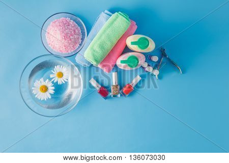 Spa Hands Accessories On Plain Blue Background