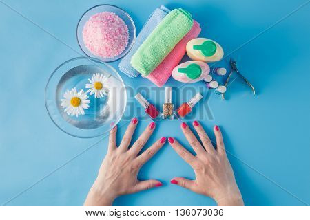 Spa Hands Accessories On Plain Blue Background