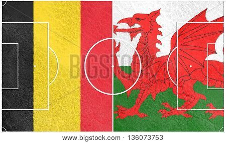 Flags of European countries participating to the final tournament of  football championship. Football field textured by Belgium and Wales national flags.3D rendering
