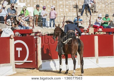 Ubeda SPAIN - September 29 2011: Alvaro Montes bullfighter on horseback spanish witch garrocha (blunt lance used on ranches) Ubeda Jaen province Andalusia Spain