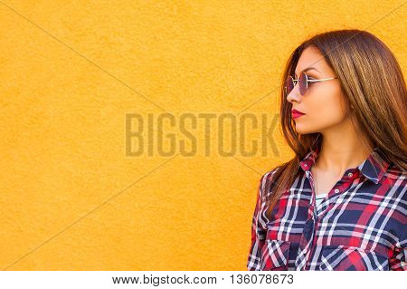 Summer sunny lifestyle fashion portrait of young stylish hipster woman, trendy shirt. copy-space