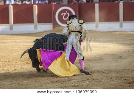 Ubeda Spain - October 1 2011: The Spanish Bullfighter Daniel Luque bullfighting with the crutch in the Bullring of Ubeda Spain