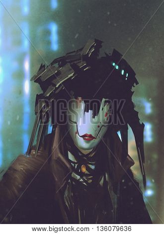 robot woman with artificial facefuturistic concept, illustration painting