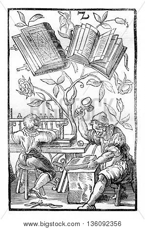 A bookbinder's workshop in the middle ages, vintage engraved illustration. Magasin Pittoresque 1836.