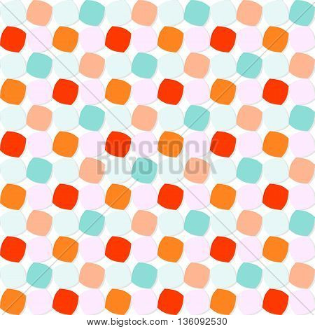 Abstract geometric pattern with orange, blue, and pink shaded rounded squares on white background. Seamless repeat.