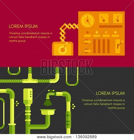 Two horizontal web banners with engineering equipment elements. Colored flat vector illustration. Black and browm backgrounds