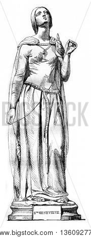 1836 Sculpture Show, Statue of St. Genevieve, the patron saint of Paris, vintage engraved illustration. Magasin Pittoresque 1836.