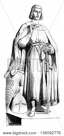 1836 Sculpture Show. Statue of Lord of Joinville, vintage engraved illustration. Magasin Pittoresque 1836.