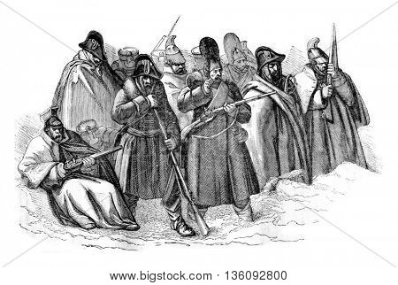 1836 Exhibition of Painting. A group picture of Charlet, Russian campaign, vintage engraved illustration. Magasin Pittoresque 1836.