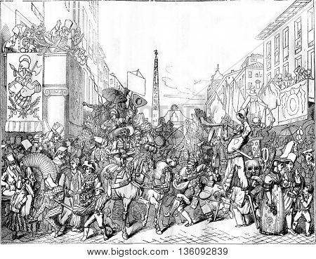 View Corso, in Rome, during the Carnival, vintage engraved illustration. Magasin Pittoresque 1836.