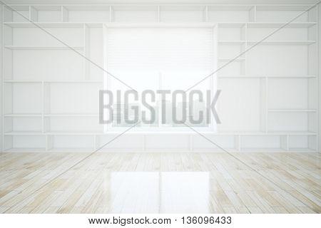 Interior design with built-in empty bookcase wooden floor and window with city view. 3D Rendering