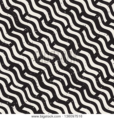 Vector Seamless Black And White Hand Drawn Daigonal Wavy Lines Grunge Pattern. Abstract Freehand Background Design
