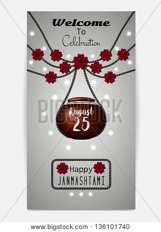Happy Janmashtami. Illustration of hanging dahi handi. Template for flyer or invitation. Vector illustration eps10