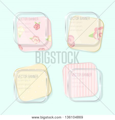 Vector banners set. pastel colors. glass elements. english style. shabby chic. pink color. Vector label with a glass surface.  Eps